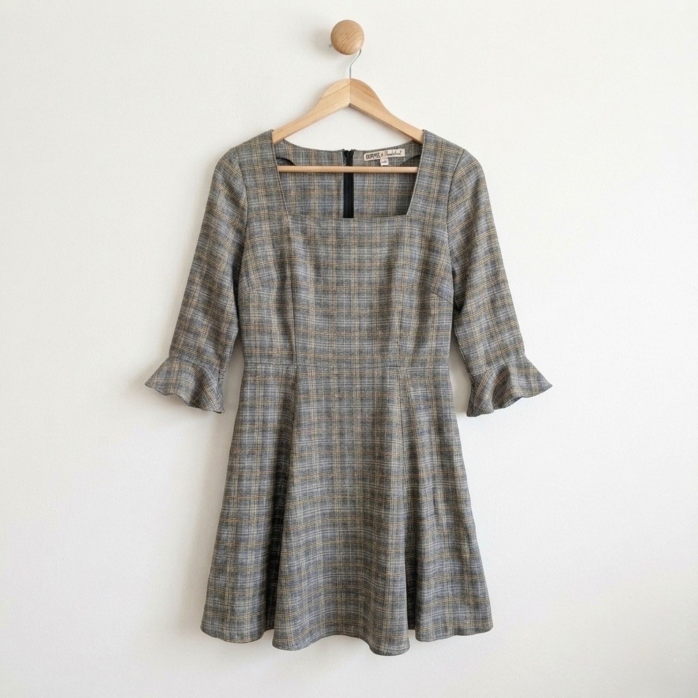 Gypsies & Moondust Plaid Square Neck Dress XL Ruffle Sleeve Grey Yellow Goth